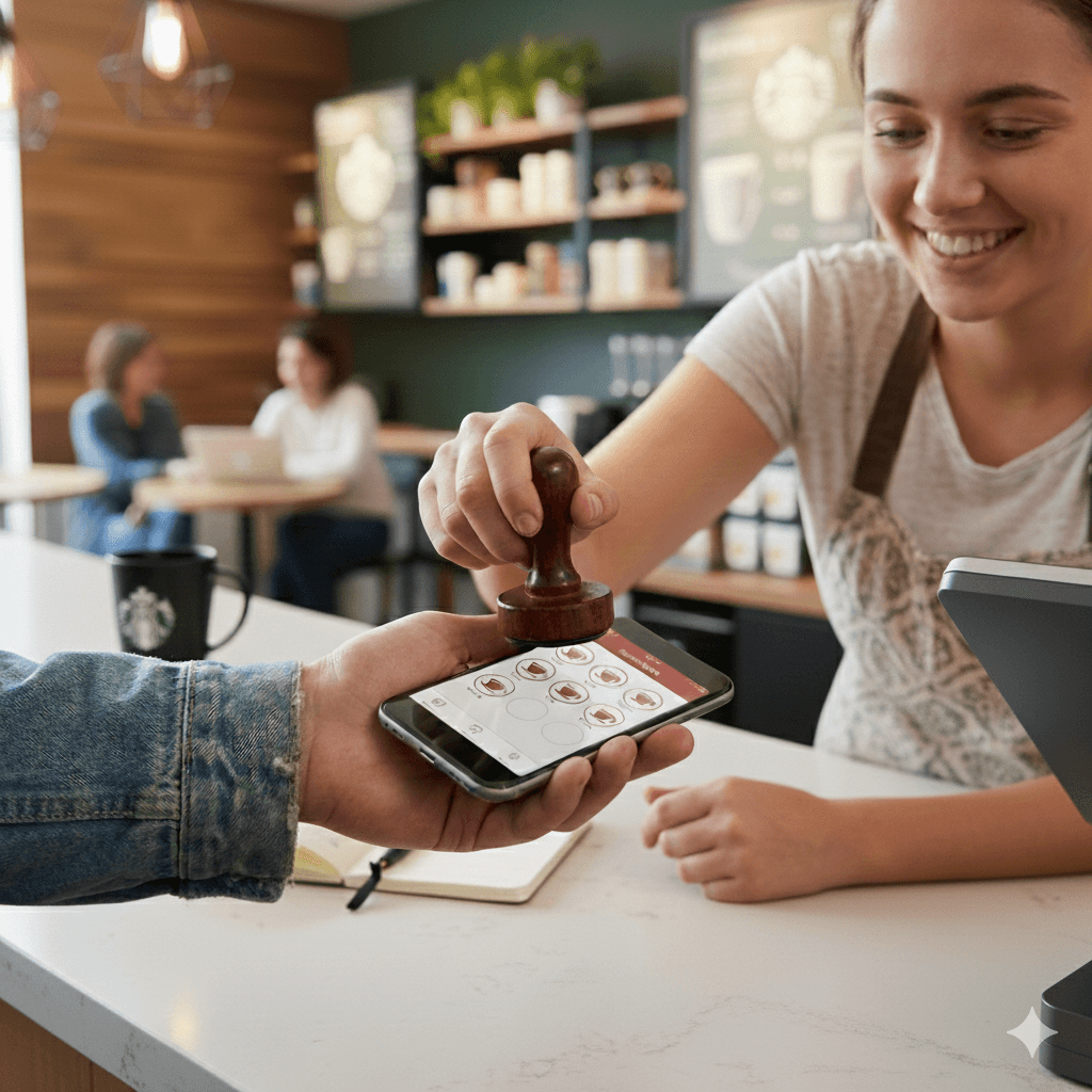 Shop owner stamping customer's phone